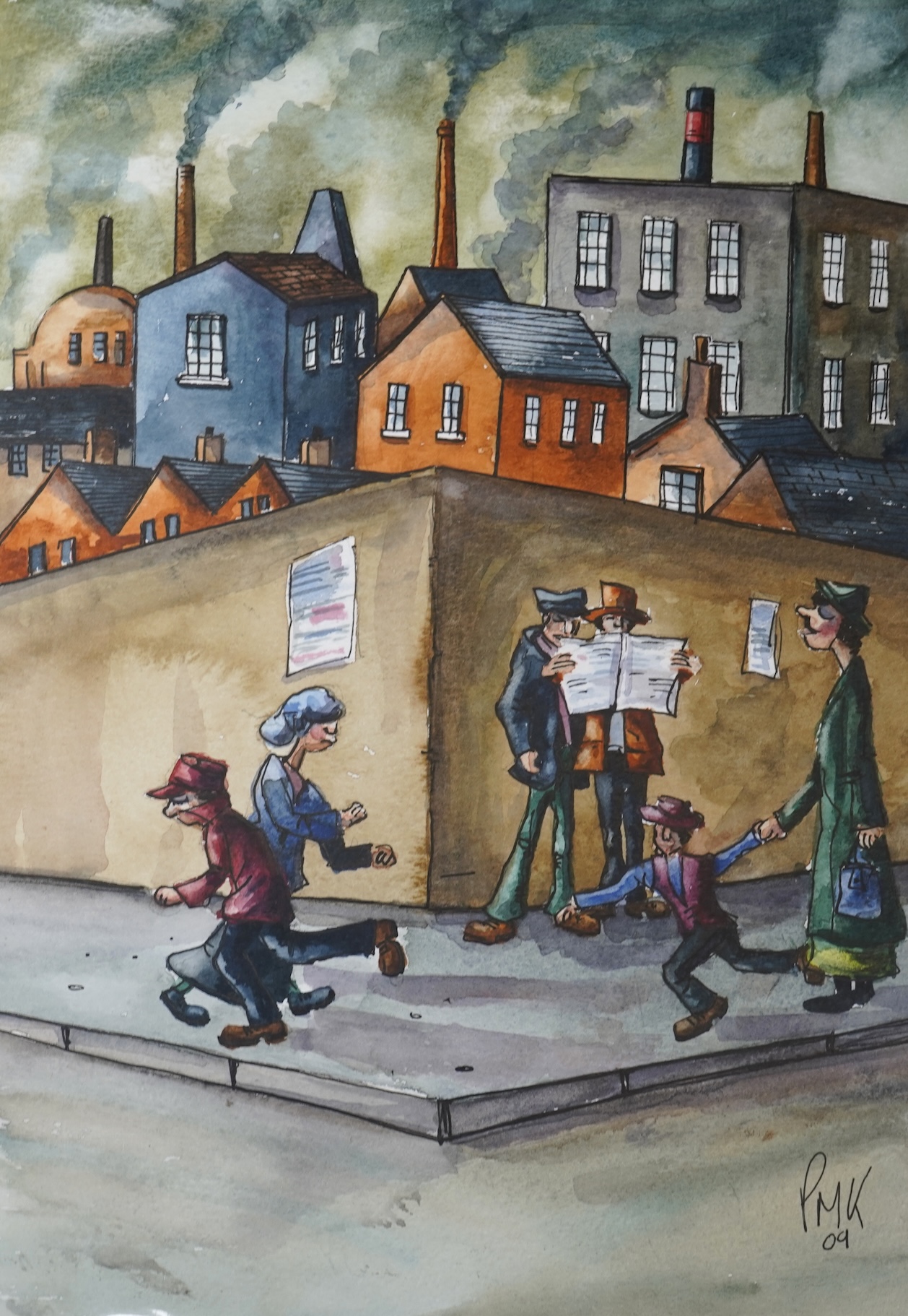 Paul M. Kiernan (contemporary), ‘Rush Hour’ and ‘Original Lowry Style’, initialled and dated ‘09, inscribed verso, two Modern British watercolour cartoons, unframed, 21 x 32cm